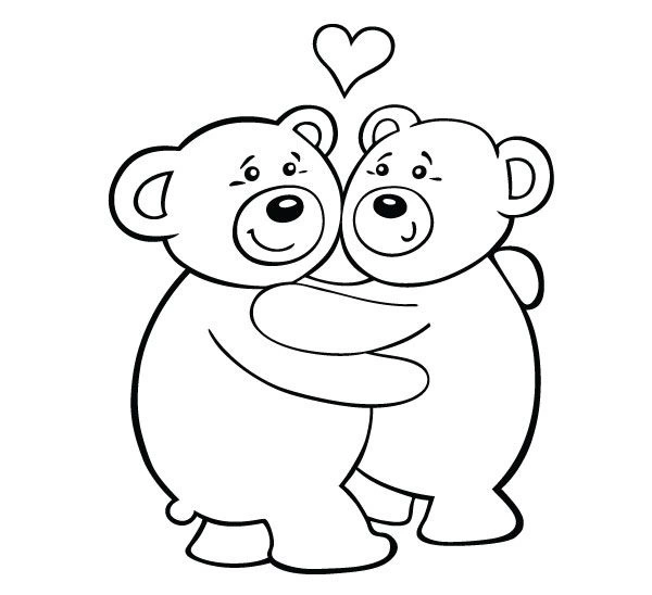 Coloring book two teddy bears hugging on Valentines Day